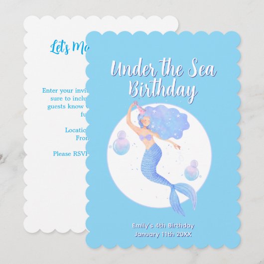 Aqua Blue Zeemeermin Theme Kids Verjaardagsfeest Kaart (Voorkant / Achterkant)