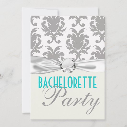 aqua blue zilver gray gr damask bachelorette party kaart (Voorkant)