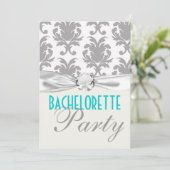 aqua blue zilver gray gr damask bachelorette party kaart (Staand voorkant)