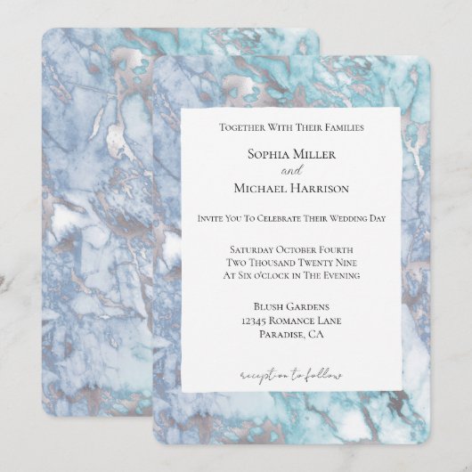 Aqua Blue Zilver Marmeren bruiloft Kaart (Voorkant / Achterkant)