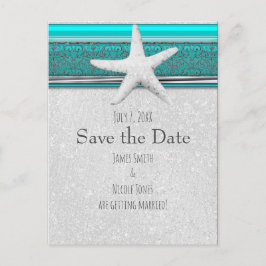 Aqua Blue & Zilveren Zeester Strand Save the Date Aankondigingskaart