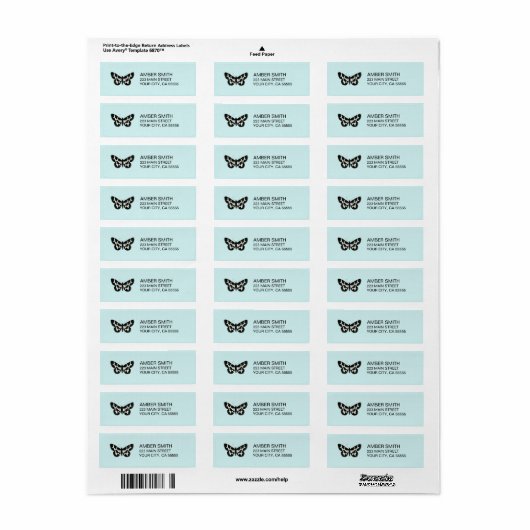  Aqua Blue Zwart en Witte Vlinder Natuur Etiket (Full Sheet)
