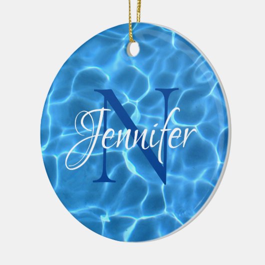Aqua Blue Zwembad Foto Monogram Keramisch Ornament (Links)