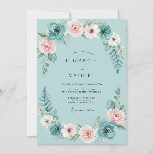 Aqua Blush Bloemstuk Eucalyptus Bruiloft Kaart (Voorkant)