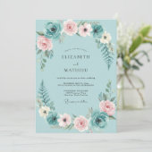 Aqua Blush Bloemstuk Eucalyptus Bruiloft Kaart (Staand voorkant)
