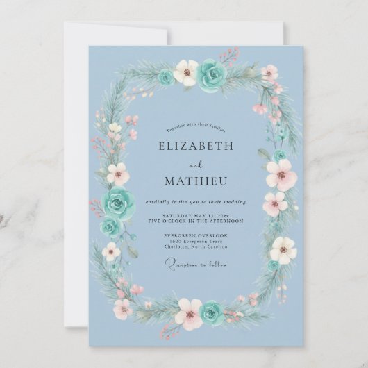 Aqua Blush Krans Bruiloft Kaart (Voorkant)