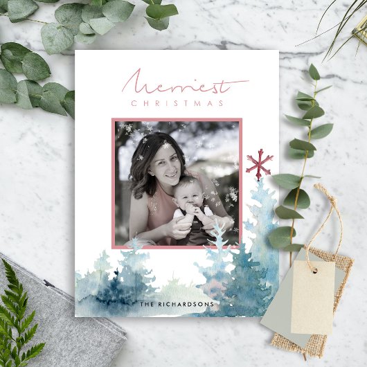 AQUA BLUSH PINE TREE SNEEUW OVERLAY FOTO KERSTMIS BRIEFKAART