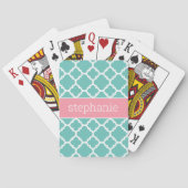 Aqua & Blush Quatrefoil Patroon Aangepaste Naam Pokerkaarten (Achterkant)