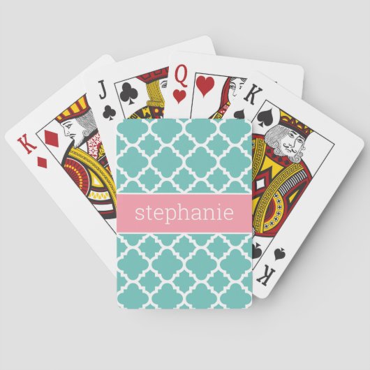 Aqua & Blush Quatrefoil Patroon Aangepaste Naam Pokerkaarten (Achterkant)