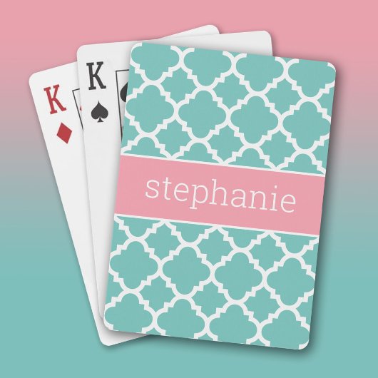 Aqua & Blush Quatrefoil Patroon Aangepaste Naam Pokerkaarten
