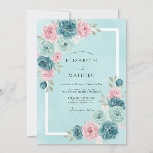 Aqua Blush Ranunculus Eucalyptus Bruiloft Kaart (Voorkant)