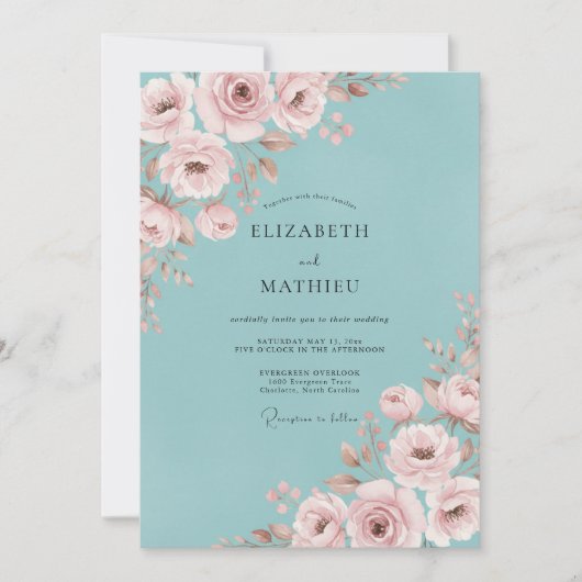 Aqua Blush Roze Ranunculus Eucalyptus Bruiloft Kaart (Voorkant)