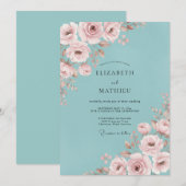 Aqua Blush Roze Ranunculus Eucalyptus Bruiloft Kaart (Voorkant / Achterkant)