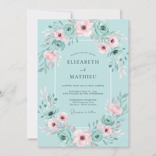 Aqua Blush Watercolor Bruiloft Kaart (Voorkant)