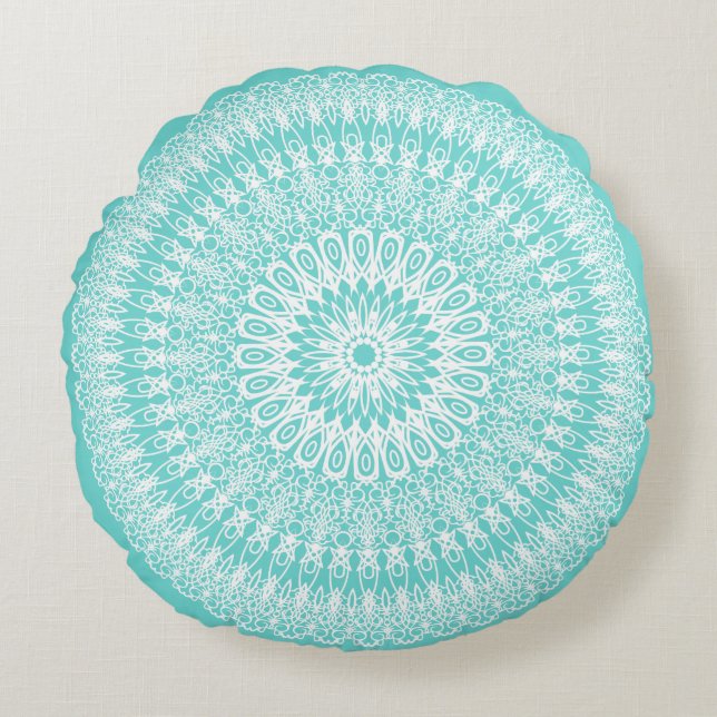 Aqua Boho Mandala Rond Kussen (Voorkant)