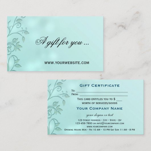 Aqua Bokeh Floral Swirl Cadeaubon Sjabloon Kortingskaartje (Voorkant / Achterkant)
