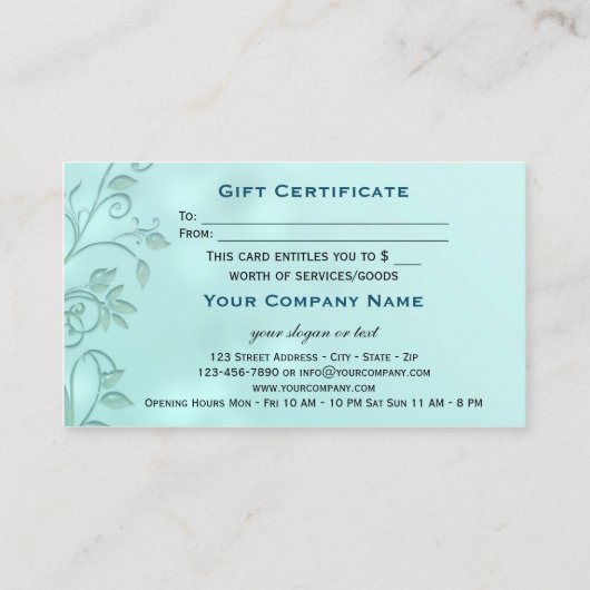 Aqua Bokeh Floral Swirl Cadeaubon Sjabloon Kortingskaartje (Achterkant)