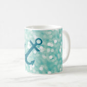 Aqua Bokeh Nautical Glitter Anchor Koffiemok (Voorkant rechts)