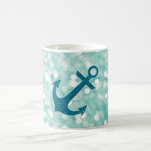 Aqua Bokeh Nautical Glitter Anchor Koffiemok