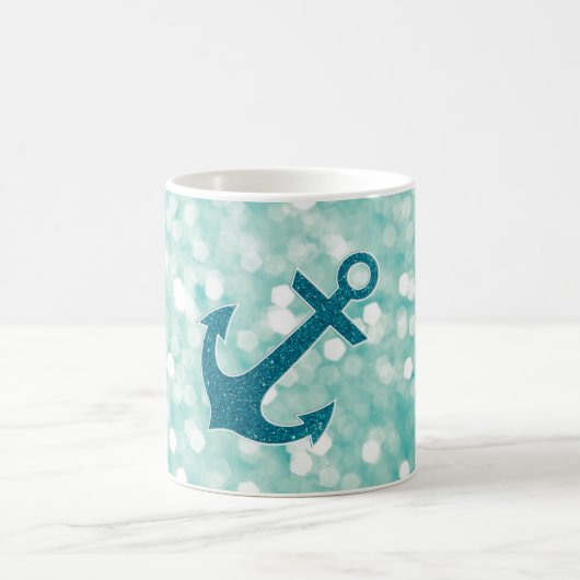 Aqua Bokeh Nautical Glitter Anchor Koffiemok (Center)