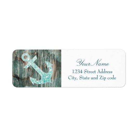 Aqua Bokeh Nautical Glitter Anchor on Wood Etiket (Voorkant)