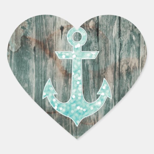 Aqua Bokeh Nautical Glitter Anchor on Wood Hart Sticker (Voorkant)