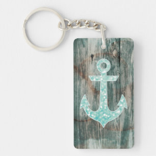 Aqua Bokeh Nautical Glitter Anchor on Wood Sleutelhanger