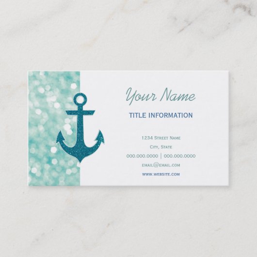 Aqua Bokeh Nautical Glitter Anchor Visitekaartje (Voorkant)