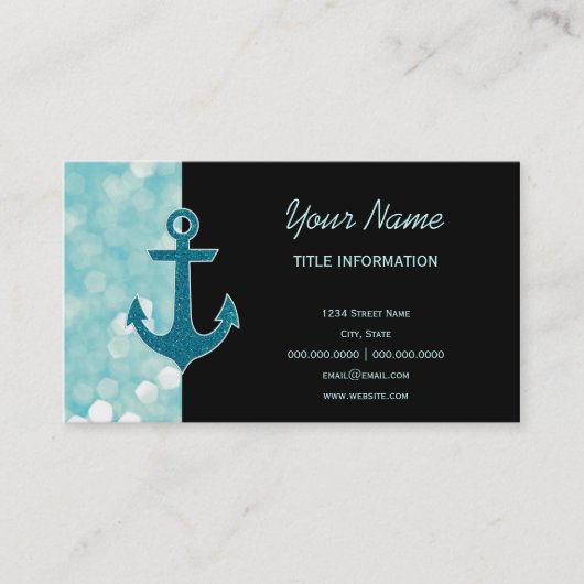 Aqua Bokeh Nautical Glitter Anchor Visitekaartje (Voorkant)