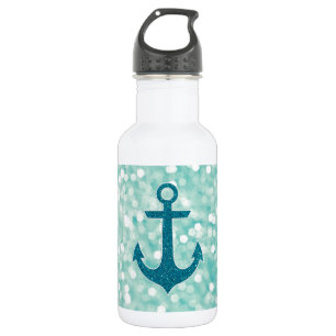 Aqua Bokeh Nautical Glitter Anchor Waterfles