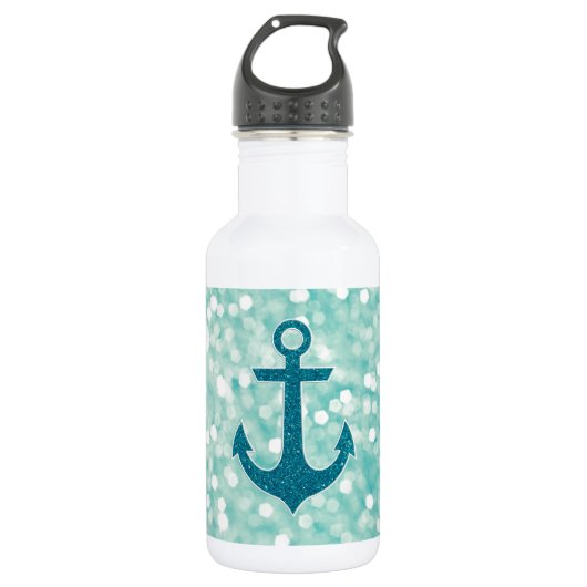 Aqua Bokeh Nautical Glitter Anchor Waterfles (Voorkant)