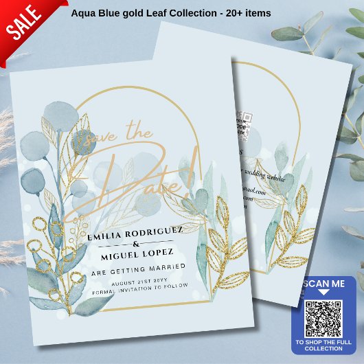 Aqua Bord Blauw Bladeren Bruiloft SAVE THE DATE Cu