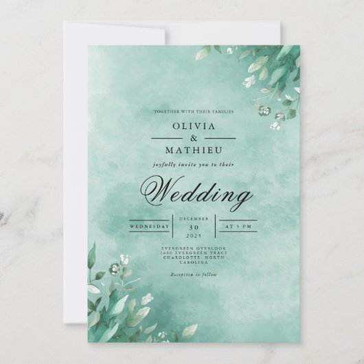 Aqua Botanical Leaf Elegance Wedding Kaart (Voorkant)