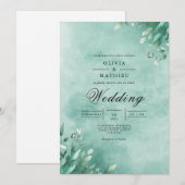 Aqua Botanical Leaf Elegance Wedding Kaart (Voorkant / Achterkant)
