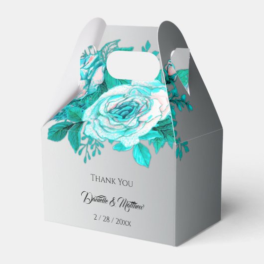 Aqua Botanische Zilveren Bruiloft Rozen Bedankdoosjes (Voorkant Zijde)