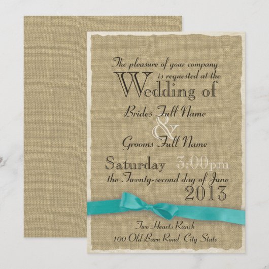 Aqua Bow en Burlap Wedding Lite Kaart (Voorkant / Achterkant)