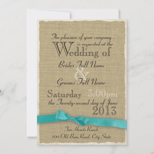 Aqua Bow en Burlap Wedding Lite Kaart (Voorkant)