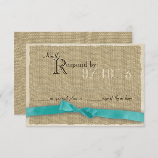 Aqua Bow en Burlap Wedding Reactie RSVP Kaartje (Voorkant / Achterkant)