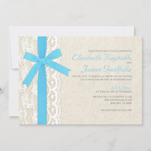 Aqua Bow & Lace Wedding Invitations Kaart (Voorkant)