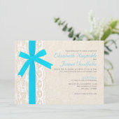 Aqua Bow & Lace Wedding Invitations Kaart (Staand voorkant)