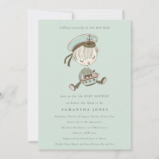 Aqua Boy Little Sailor Nautical Baby shower Invite Bedankkaart (Voorkant)
