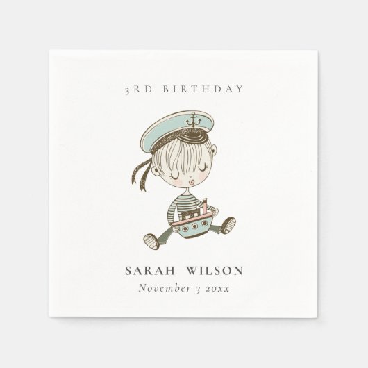 Aqua Boys Little Sailor Nautical Any Age Birthday Servet (Voorkant)