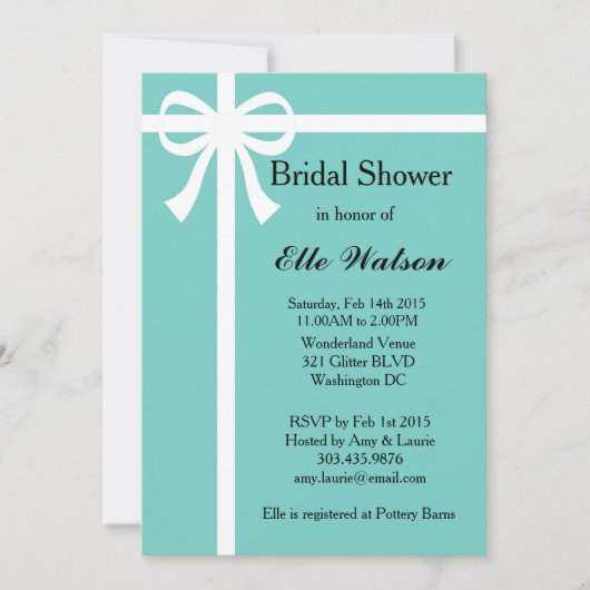 Aqua Bridal Douche Uitnodigingen, Wit lint Kaart (Voorkant)