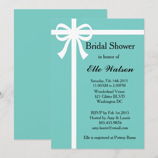 Aqua Bridal Douche Uitnodigingen, Wit lint Kaart (Voorkant / Achterkant)