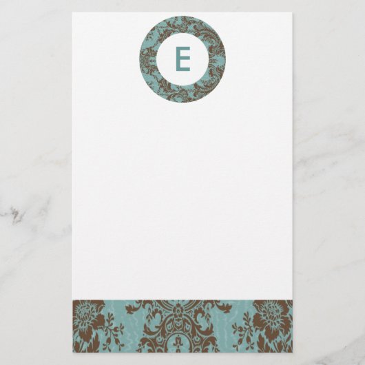 Aqua Brown Damask  Monogram Briefpapier (Voorkant)