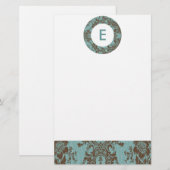 Aqua Brown Damask  Monogram Briefpapier (Voorkant / Achterkant)