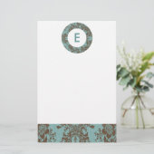 Aqua Brown Damask  Monogram Briefpapier (Staand voorkant)