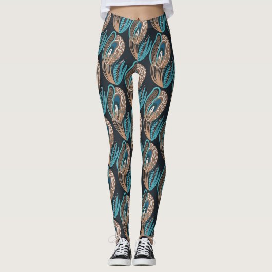Aqua / Brown Peacock Vrouwen Leggings (Voorkant)