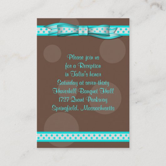 Aqua & Brown Polka Dots Bat Mitzvah Receptie Kaart (Voorkant)