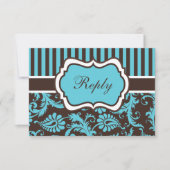 Aqua, bruin, White Striped Damask Reply Card RSVP Kaartje (Voorkant)
